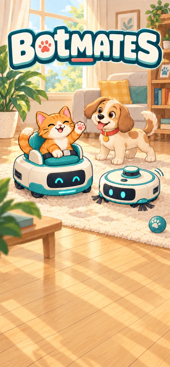 BOTMATES: a cat riding a vacuum robot beside a dog and a second robot